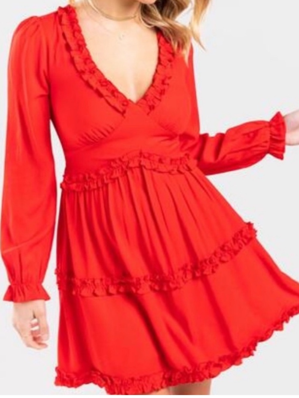 NWT Mi Ami by Francesca’s Red Ruffle V-Neck Long Sleeve Dress Size Small